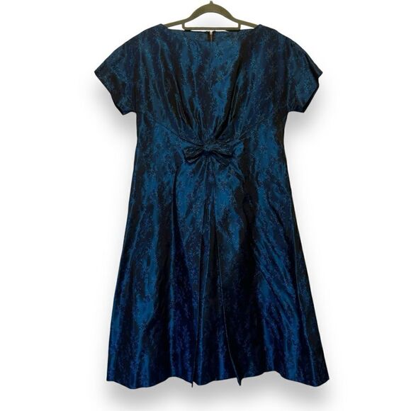 Vintage Dresses & Skirts - Vintage Handmade 60’s MCM Navy Blue Floral Taffeta Jacquard Cocktail Dress